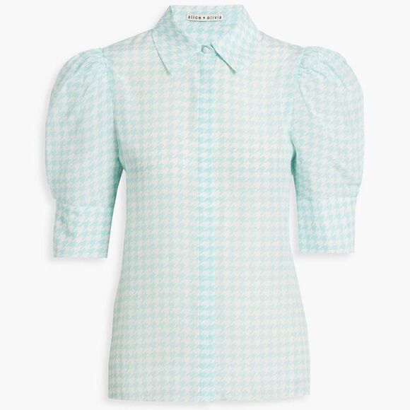 Alice + Olivia NWT Willa Houndstooth Puff Sleeve Silk Top in Julep Size L - Picture 2 of 11